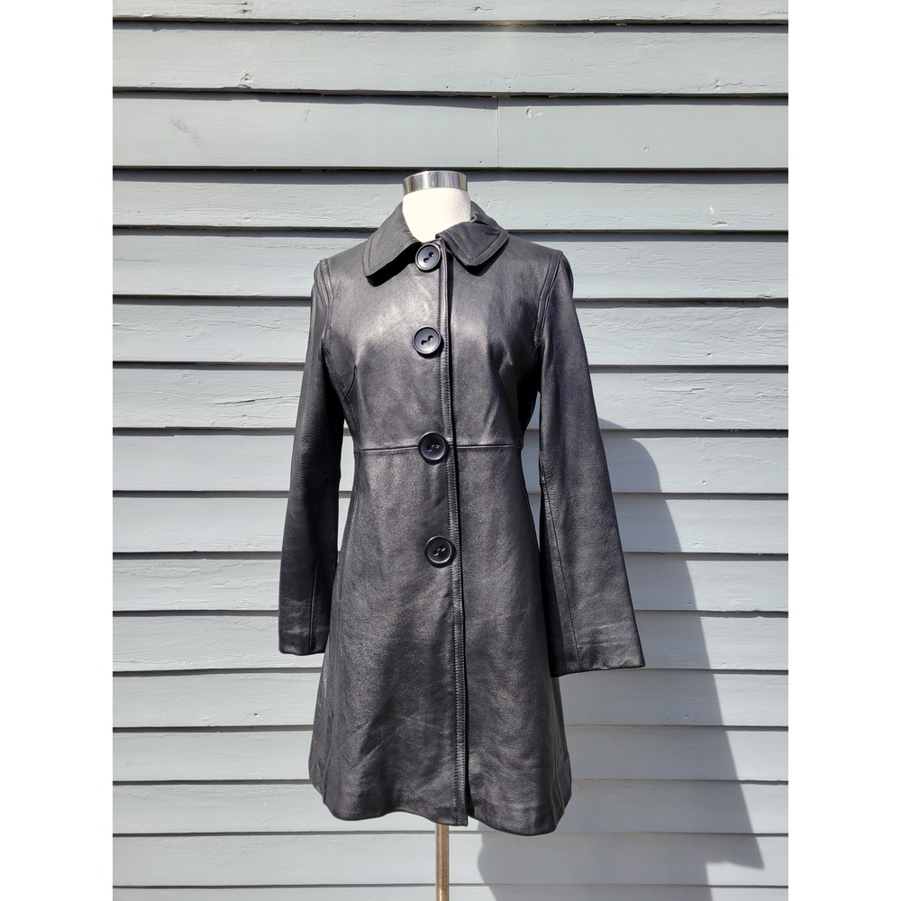 Vintage 90s‎ Colebrook Leather Trench Coat Black Button Snap Front Longline M